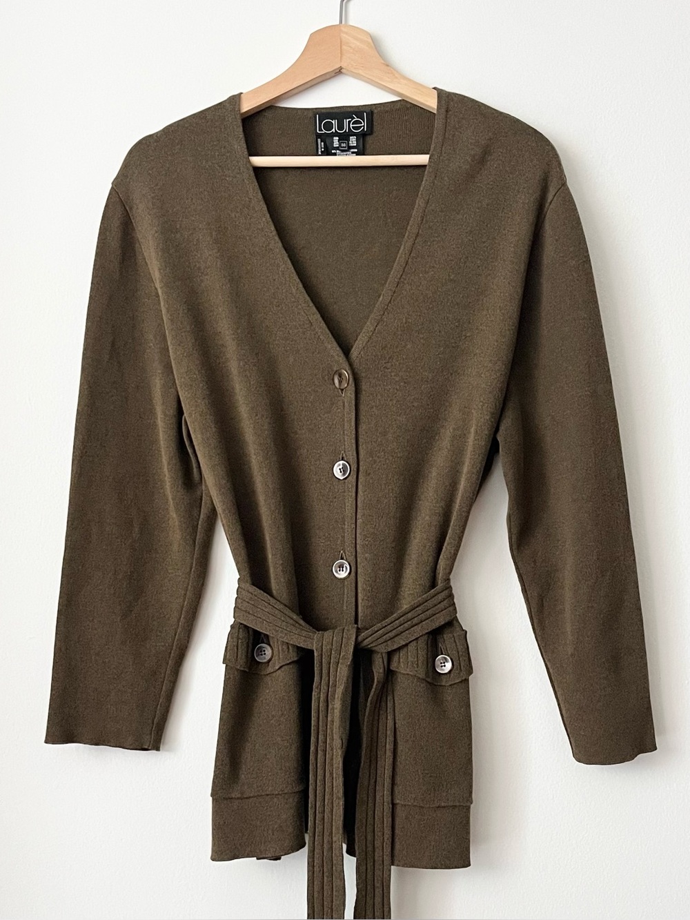 Vintage Laurel Women's Belted  Cardigan Sweater Military Green Brown Size 38 (L)